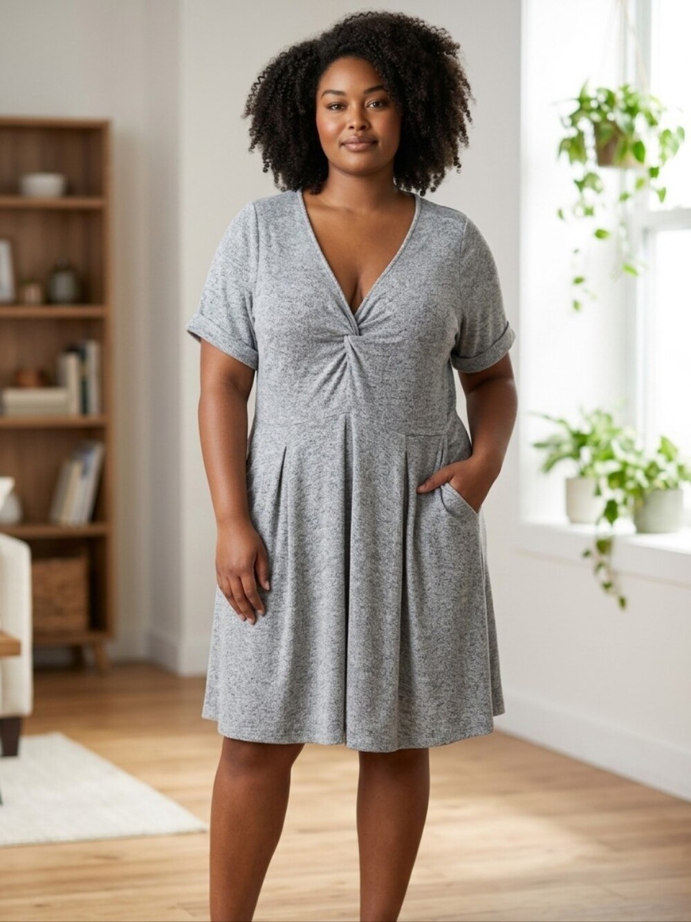 Torrid Women's Heather Gray Ruched V-Neck Sweater Knit Dress Pockets Sz 2X EUC